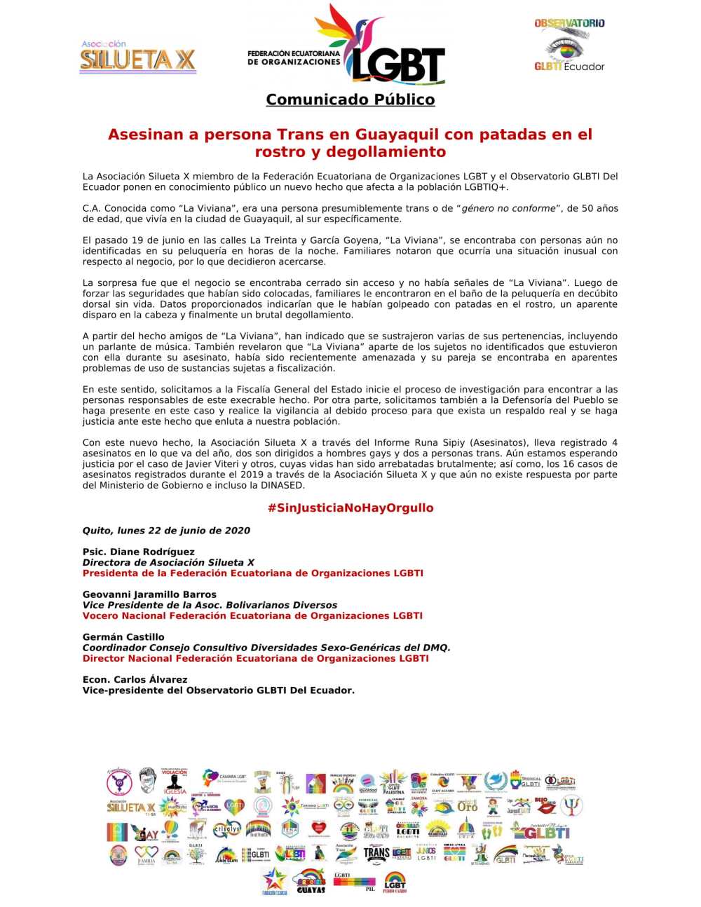 Comunicado - Asesinan a persona Trans en Guayaquil con patadas en el rostro y degollamiento - Asociación Silueta X - Federación Ecuatoriana de Organizaciones LGBT-1