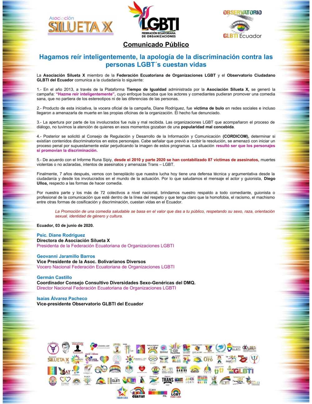 Comunicado Público - Hagamos reír inteligentemente, la apología de la discriminación contra las personas LGBT´s cuestan vidas - Asociación Silueta X - federación Ecuatoriana de Organizaciones LGBT
